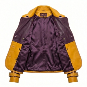 Yellow Mustard <b>Belted</b> Double Breasted <b>Leather</b> Trench Coat Womens Contrast Purple Trim Outerwear Wholesale Factory - Product Image 5