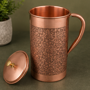 Pichet à eau en cuivre artisanal avec motif floral gravé, design traditionnel, grande capacité, usage domestique, antique, indien, ayurvédique - Product Image 3