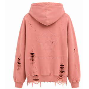 Oversized Hooded <b>Sweatshirt</b> <b>Pink</b> Distressed Ripped Pocket Unisex Cotton French Terry Autumn Wear - Product Image 2