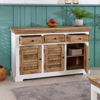Buffet scandinave en bois de manguier massif, écologique et durable, avec 3 tiroirs et portes à persiennes