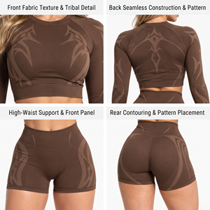 <b>Women</b> Gym Workout <b>Long</b> Sleeve Crop Top Printed Compression <b>Shorts</b> Set Printed Crop Top and <b>Shorts</b> Activewear Set Ladies Fitness - Product Image 6