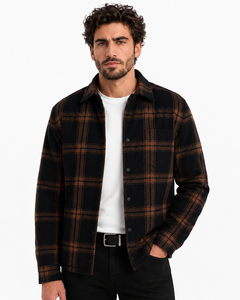 Men black brown plaid shirt <b>jacket</b> checkered <b>flannel</b> overshirt casual winter shacket premium outerwear stylish men button - Product Image 1