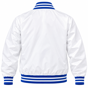 เสื้อแจ็คเก็ตวาร์ซิตี้ผ้าซาติน Zeta Phi Beta สำหรับผู้หญิง สีขาว แต่งแถบสีน้ำเงินกรมท่า ปักตัวอักษรกรีก ปักลายตราสัญลักษณ์ ปี 1920 แบบกระดุมแป๊ก สไตล์บอมเบอร์ สำหรับชมรมนักศึกษาหญิง - Product Image 2