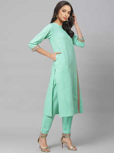 Conjunto de Ropa para Mujer, Kurta Recta Bordada en Algodón, Color Verde Mar, Venta al Por Mayor, Estilo Étnico Tradicional, Informal, Festivo, para Verano - Product Image 4