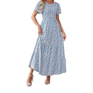 Vestido largo maxi con estampado floral azul, de manga corta, estilo bohemio, para verano, con estampado de florecitas, ropa de mujer, proveedor mayorista - Product Image 3