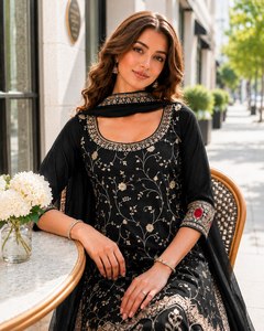Ensemble Salwar en coton noir brodé pour femmes avec dupatta, tenue traditionnelle indienne et pakistanaise, longueur au sol, coupe classique - Product Image 2