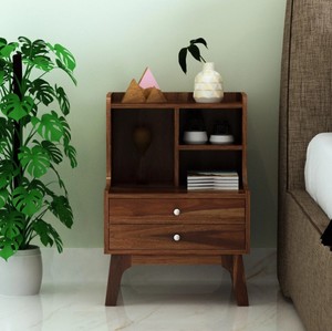 Modern Solid Wood Nightstand With 2 Drawers and Open <b>Shelves</b> Midcentury Storage Bedroom Furniture - Product Image 1