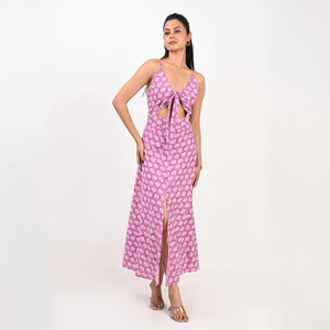 Pink Floral Print Maxi Dress Tie Neck <b>Spaghetti</b> Strap Sheath Silhouette Slit Front Breathable Cotton Summer Casual Wear - Product Image 1