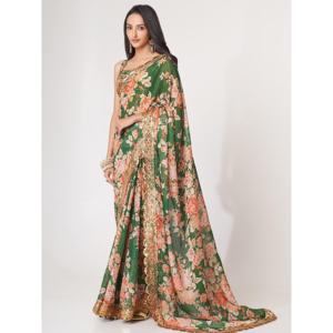 Saree attrayant à imprimé floral vert en organza avec chemisier - Product Image 1