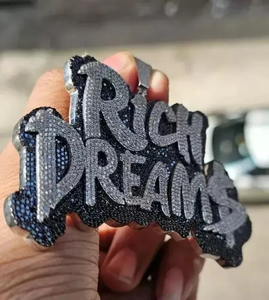 Pendentif Rêves Riches en Argent 925 Sertie de Moissanite, Collier Hip Hop Plaqué Rhodium Noir avec Breloque Lettre - Product Image 3