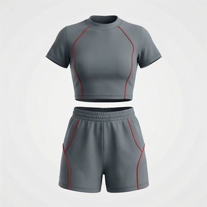 Women's 2 Piece Sporty Set Short Sleeve <b>Crop</b> <b>Top</b> and Above Knee Shorts Solid Gray with <b>Red</b> Stripe Quick Dry Knitted Fabric - Product Image 1