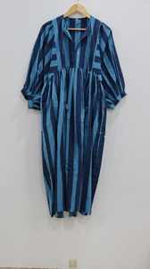 เดรสผ้าฝ้ายลายทางสีฟ้าสำหรับผู้หญิง ทรงหลวมสไตล์โบโฮ ผูกคอ แขนยาว ชุดลำลองสำหรับฤดูร้อน - Product Image 6