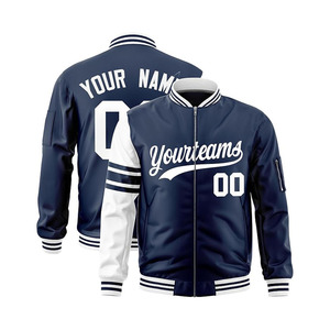 Custom <b>Men's</b> Navy Blue Varsity <b>Jacket</b> With White <b>Lettering</b> And Number Zipper Front Preppy Style Patch Design - Product Image 1