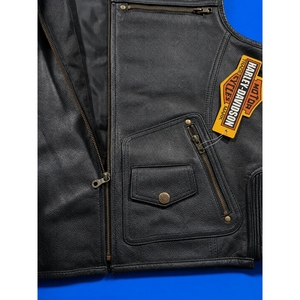 Custom <b>Black</b> Genuine Leather Motorcycle Biker <b>Vest</b> With Quilted Shoulders Zipper Front Pockets And Classic Rider Design For <b>Men</b>! - Product Image 4
