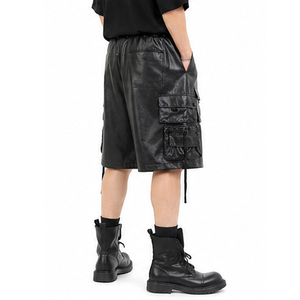 Shorts en similicuir streetwear pour homme, taille élastique, motif uni, logo personnalisé, noir, décontracté, respirant, séchage rapide, taille mi-haute - Product Image 5