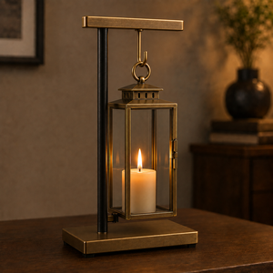 Farol de metal de latón antiguo de primera calidad con un marco contemporáneo alto y elegantes paneles de vidrio diseñados para crear un ambiente cálido y lujoso. - Product Image 3