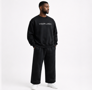 New Plain Men's Tracksuit <b>Set</b> Oversized Streetwear Fleece Crew Neck Sweatshirt and Wide Leg Baggy Pants Loungewear <b>Set</b> 2026 - Product Image 2