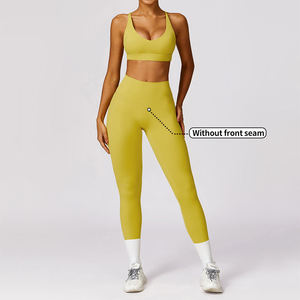 Ensemble de yoga pour femmes, haut court sans couture jaune, dos nageur, leggings taille haute longueur intégrale, 2 pièces, spandex, polyester - Product Image 1