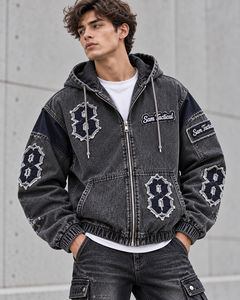 Sam Tactical <b>Men's</b> Hooded Denim Jacket Zipper Streetwear Applique <b>Badge</b> Loose Fit Washed <b>Black</b> Frayed Patch <b>Badge</b> Design - Product Image 6