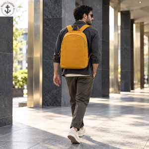 Mustard Canvas Student <b>Backpack</b> with Curved Zipper | Minimal <b>College</b> School Bag with Brown Top Loop for Daily Carry and Travel - Product Image 3