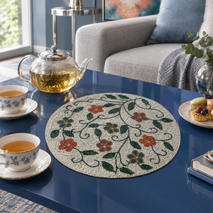 Set de table en perles de verre multicolores à motifs floraux, broderie de vigne verte |   Tapis de table décoratif moderne, résistant à la chaleur, écologique et fait main - Product Image 3