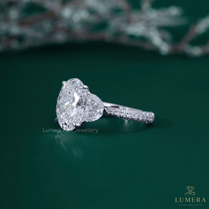 Oval Cut Lab Grown Diamond Three Stone Engagement <b>Ring</b> 14K 18K White Gold Half <b>Moon</b> Side Stone Pave Band Wedding Bridal <b>Ring</b> - Product Image 3