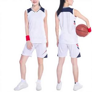 Ensemble de maillots de basket-ball pour femmes, blanc et bleu marine, col en V, manches longues, évacuation de l'humidité, respirant, taille élastique, coupe régulière, toutes saisons, 100% coton - Product Image 1