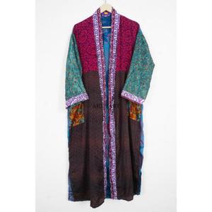 Kimono Sari en soie pure à 100% fait main, vintage indien, à carreaux, avec manches longues, col en V, lisse, pour l'hiver, le printemps, l'été, l'automne, vêtement décontracté - Product Image 6