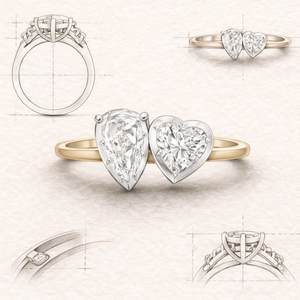 Bague de fiançailles Toi et Moi avec trois diamants taille ovale en or massif 9 carats, bague de mariage unisexe - Product Image 5