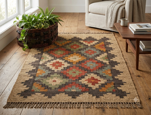 Alfombra Kilim Floral Hecha a Mano, de Lana y Acrílico, Ecológica, con Mechones Hechos a Mano, Rectangular, para Sala de Estar, Pelo Mediano, Base de Látex - Product Image 1