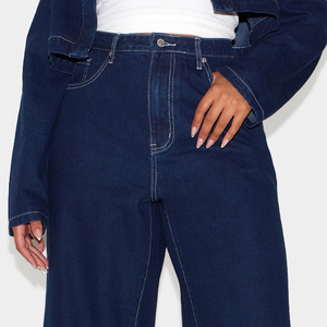 Jean cargo en denim taille haute pour femme grande taille, délavé, avec broderie et braguette zippée, personnalisable OEM - Product Image 6