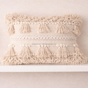 Beige Multi Front Fringe Boho Pillow <b>Cover</b> Lumbar 30x50 Handloom Natural Handbraided Boho Cushion <b>Cover</b> - Product Image 1
