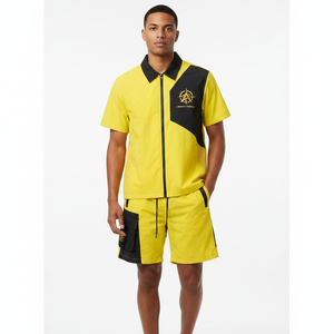 Conjunto Deportivo Urbano para Hombre en Amarillo y Negro con Bloques de Color, Manga Corta, Cierre Frontal con Cremallera, Transpirable, de Poliéster, Ropa Urbana de Verano - Product Image 5