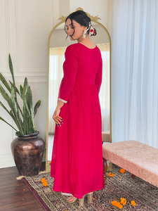 Women's <b>Red</b> Vichitra Silk Embroidered <b>Flared</b> Kurta with Rayon Pant And Chinon Embroidered Dupatta Sets - Product Image 3
