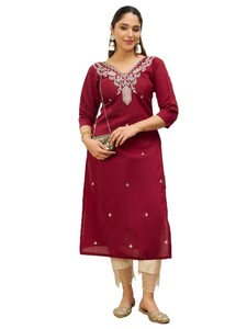 Kurta longue droite pour femme en viscose et soie, motif floral brodé, séchage rapide, style traditionnel indien, pour festivals, hiver et été - Product Image 1