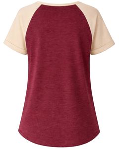 T-shirt pour femme beige bordeaux à manches courtes, col Henley, manches raglan, coton doux, décontracté, respirant, confortable, à porter au quotidien - Product Image 2