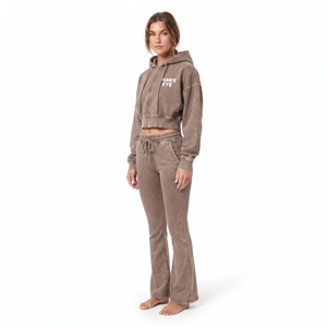 <b>Women</b> Acid Wash Full Zip Crop Top Hoodie Cotton <b>Fleece</b> Regular Fit Drop Shoulder Wide Leg <b>Jogger</b> Set - Product Image 6