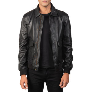 Veste bomber en cuir noir pour homme, ourlet côtelé, poche avant classique, manteau d'hiver décontracté - Product Image 3