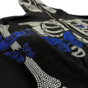 Men's Black Hooded Tracksuit Set With Rhinestone <b>Skeleton</b> Print <b>Full</b> Sleeve Zipper Pants Streetwear Winter Wear Regular Fit - Product Image 6