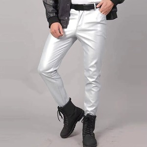 <b>Men's</b> <b>White</b> PU Coated Straight Fit Casual <b>Pants</b> With Belt Mid Waist Zipper Fly - Product Image 6