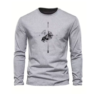 เสื้อยืดแขนยาวคอกลมพิมพ์ลายเข็มทิศภูเขาสำหรับผู้ชาย ผ้าฝ้ายแท้ 100% ทรงหลวม ใส่สบาย เหมาะสำหรับเล่นกีฬาและพักผ่อน - Product Image 4