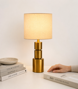 KS International Modern Brass <b>Table</b> Lamp Eco-Friendly Fabric Drum Shade White Halogen Bulbs AC Powered Desktop <b>Bedside</b> Reading - Product Image 1