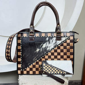 Bolso de Mano Multifuncional y Duradero de Cuero a Cuadros con Cartera a Juego de Piel de Vaca, Conjunto Hecho a Mano de Cuero Genuino para Mujer - Product Image 4
