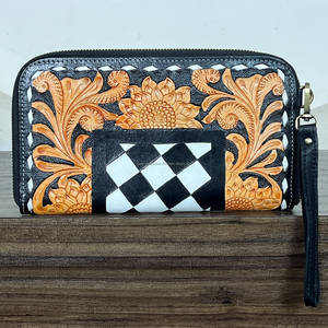 New Western Style Tooled Checkered Genuine Leather <b>Women</b> <b>Clutches</b> Floral Pattern Card & Cash Holder All Season Zipper Wallet - Product Image 5