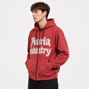 Sudadera con capucha y cremallera completa para hombre, de algodón grueso, con cordón, estampada, roja lavada, estilo casual de invierno, ecológica, para streetwear y chándal - Product Image 2