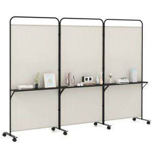 Divisorio Pieghevole Personalizzabile a 3 Pannelli in Bambù e Tela con Ruote Bloccabili e 3 Ripiani Metallici, Schermo Divisorio Bianco per Stanze - Product Image 1