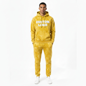 Conjunto de Sudadera con Capucha y Pantalones Deportivos para Hombre, Color Amarillo Mostaza, Lavado Ácido, Invierno, Felpa Gruesa, 100% Algodón, con Logotipo Personalizado, Servicio OEM - Product Image 1