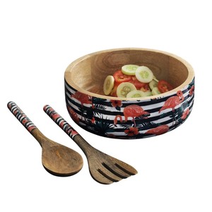 Ensemble de saladiers en bois de manguier tropical flamant rose faits à la main avec des ustensiles de service en bois assortis pour une décoration intérieure de luxe - Product Image 1