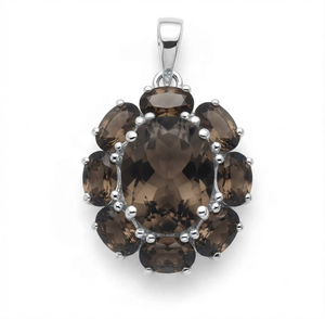 Rhaya Jewels Women's Natural Stone Smoky Quartz <b>Flower</b> Pendant Sterling Silver Rhodium Plated Ethnic Gift Floral Design - Product Image 1