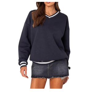 <b>Women</b> Winter Oversized <b>Sweatshirt</b> <b>V</b>-<b>Neck</b> Fleece Soft Contrast Rib Collar Pullover Front Logo Street-wear <b>Sweatshirt</b> for <b>Women</b> - Product Image 4